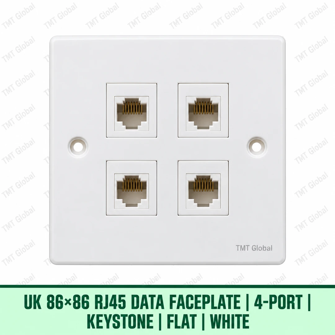 UK 86 by 86 millimetre four-port flat RJ45 keystone faceplate in white, TMT Global UK 86 by 86 millimetre four-port flat RJ45 keystone faceplate in white, TMT Global
