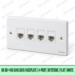 UK 86 by 146 millimetre four-port flat RJ45 keystone faceplate in white, TMT Global