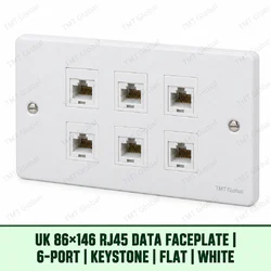 UK 86 by 146 millimetre six-port flat RJ45 keystone faceplate in white, TMT Global