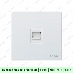UK 86 by 86 millimetre one-port shuttered RJ45 data faceplate in white, TMT Global