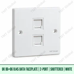 UK 86 by 86 millimetre two-port shuttered RJ45 data faceplate in white, TMT Global