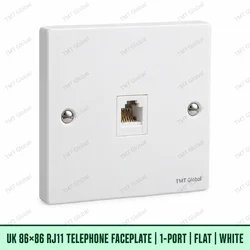 UK 86 by 86 millimetre one-port flat RJ11 telephone faceplate in white, TMT Global