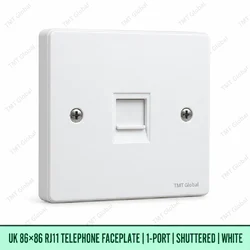 UK 86 by 86 millimetre one-port shuttered RJ11 telephone faceplate in white, TMT Global