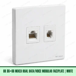 UK 86 by 86 millimetre dual data and voice modular faceplate in white, TMT Global