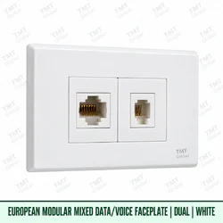 European modular dual RJ45 and RJ11 data voice faceplate in white, TMT Global