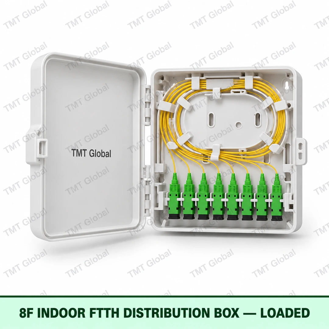 8F indoor FTTH fibre distribution box, loaded, TMT Global 8F indoor FTTH fibre distribution box, loaded, TMT Global
