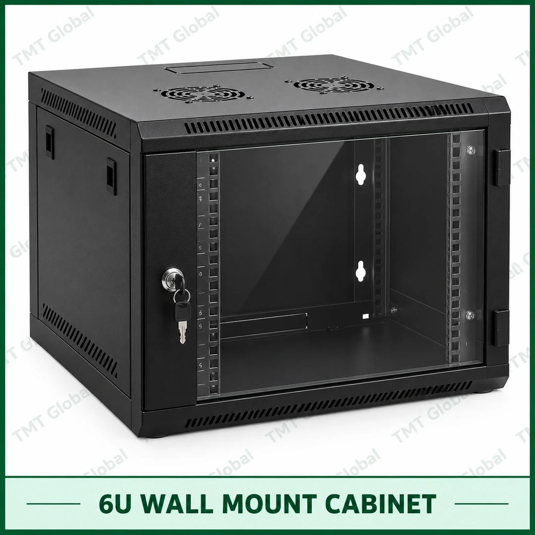 TMT Global 6U wall-mount cabinet with lockable glass front, vented panels and 19-inch rack enclosure. TMT Global 6U wall-mount cabinet with lockable glass front, vented panels and 19-inch rack enclosure.