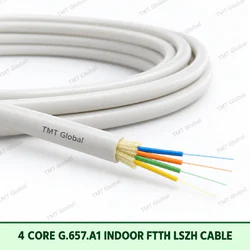4-core G.657.A1 indoor FTTH LSZH fibre optic cable with white jacket, TMT Global branding, and four colour-coded fibres.