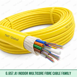 TMT Global G.657.A1 indoor multicore LSZH fibre cable family with yellow jacket, loose tubes and optical fibres for 6F to 96F options.