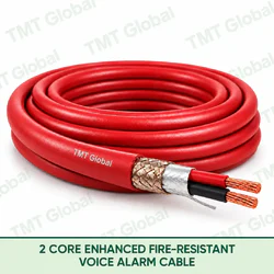 TMT Global 2 Core Enhanced Fire Resistant Voice Alarm Cable product image showing the cable coil and exposed conductor cutaway.