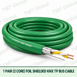 TMT Global 1 pair 2 core foil shielded KNX TP bus cable with green jacket and drain wire.