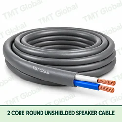 TMT Global 2 Core Round Unshielded Speaker Cable product image showing the cable coil and exposed conductors.
