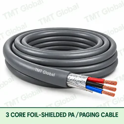 TMT Global 3 Core Foil Shielded PA Paging Cable product image showing the cable coil and exposed conductor cutaway.