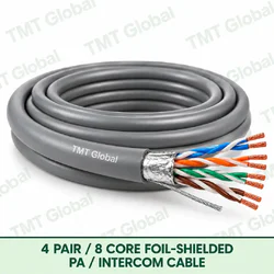 TMT Global 4 Pair 8 Core Foil Shielded PA Intercom Cable product image showing the cable coil and exposed conductor cutaway.