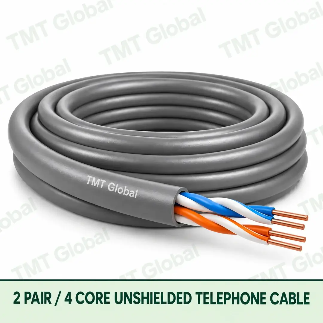 TMT Global 2 Pair 4 Core Unshielded Telephone Cable product image showing the cable coil and exposed conductor cutaway. TMT Global 2 Pair 4 Core Unshielded Telephone Cable product image showing the cable coil and exposed conductor cutaway.