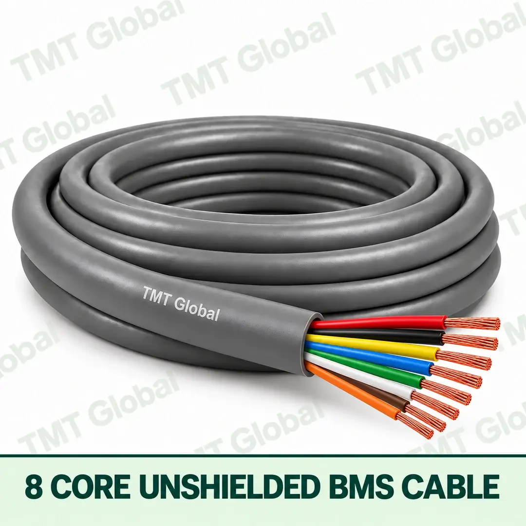 TMT Global 8 Core Unshielded BMS Cable product cable with 8 clearly visible conductors; unshielded. TMT Global 8 Core Unshielded BMS Cable product cable with 8 clearly visible conductors; unshielded.