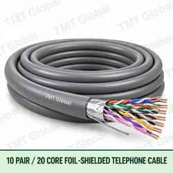 TMT Global 10 Pair 20 Core Foil Shielded Telephone Cable product image showing the cable coil and exposed conductor cutaway.