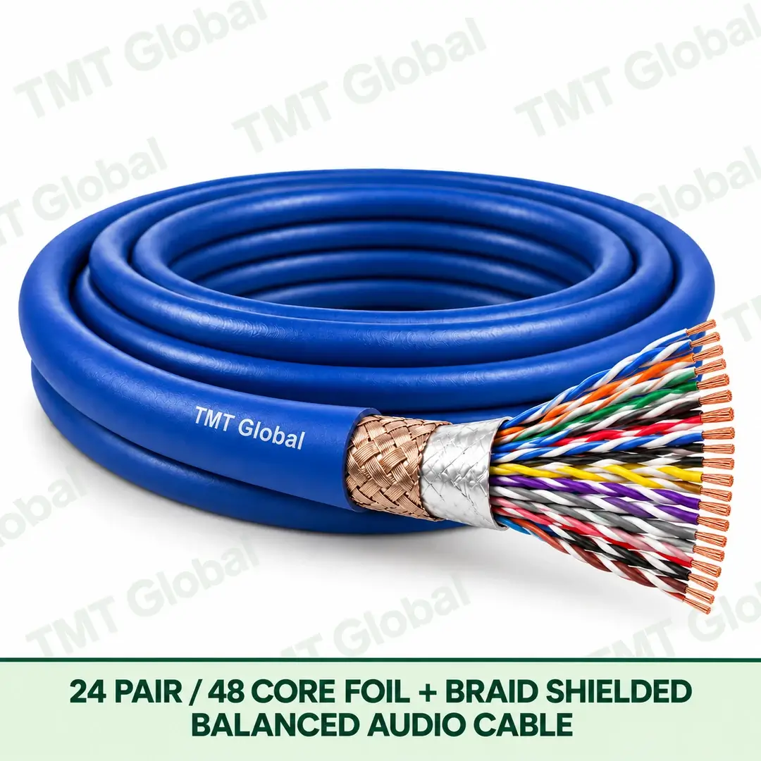TMT Global 24 Pair 48 Core Foil plus Braid Shielded Balanced Audio Cable product image showing the cable coil and exposed conductor cutaway. TMT Global 24 Pair 48 Core Foil plus Braid Shielded Balanced Audio Cable product image showing the cable coil and exposed conductor cutaway.