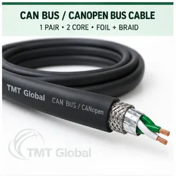 TMT Global 1 pair, 2 core, foil and braid shielded CAN Bus / CANopen Bus Cable, with the protocol, pair count, core count, and shielding visible.