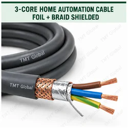 TMT Global 3 core foil + braid shielded home automation cable, with 3 colored copper conductors.