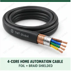 TMT Global 4 core foil + braid shielded home automation cable, with 4 colored copper conductors.