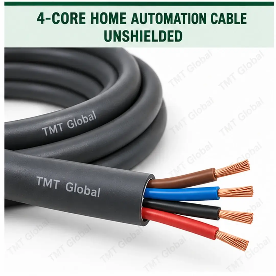 TMT Global 4 core unshielded home automation cable, with 4 colored copper conductors. TMT Global 4 core unshielded home automation cable, with 4 colored copper conductors.