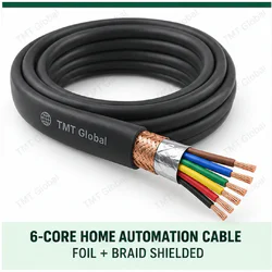 TMT Global 6 core foil + braid shielded home automation cable, with 6 colored copper conductors.