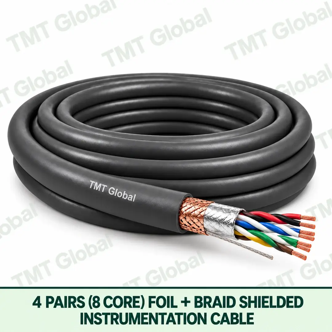 TMT Global 4 pair 8 core foil and braid shielded instrumentation cable, with twisted pairs visible TMT Global 4 pair 8 core foil and braid shielded instrumentation cable, with twisted pairs visible