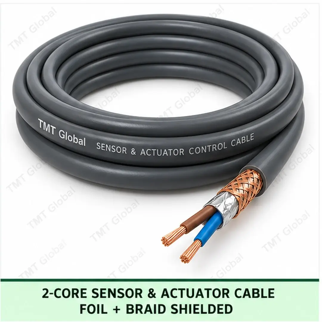 TMT Global 2 core foil and braid shielded sensor and actuator cable, with 2 visible conductors. TMT Global 2 core foil and braid shielded sensor and actuator cable, with 2 visible conductors.