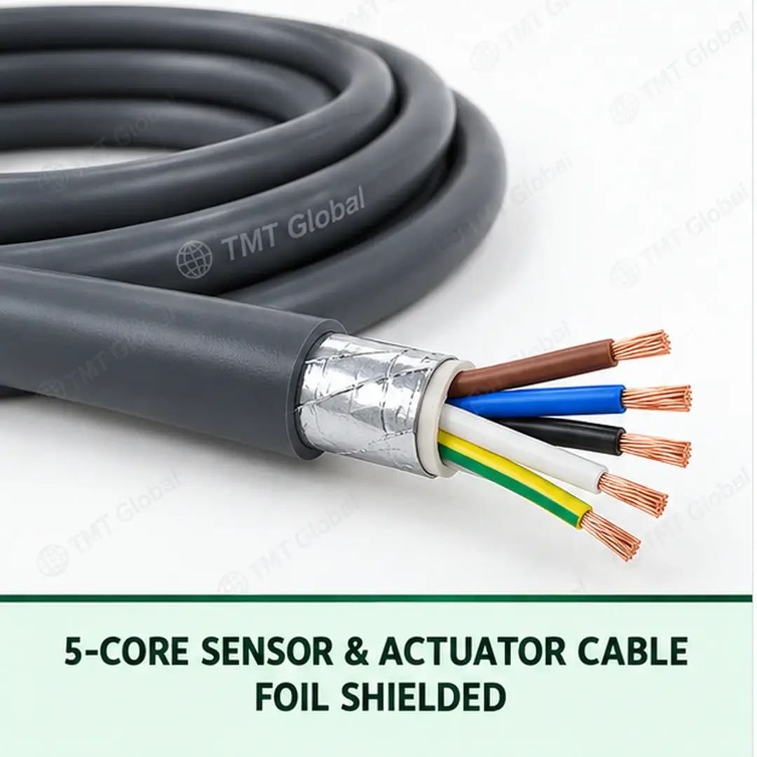TMT Global 5 core foil shielded sensor and actuator cable, with 5 visible conductors. TMT Global 5 core foil shielded sensor and actuator cable, with 5 visible conductors.