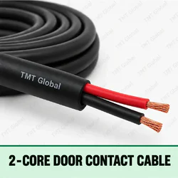 TMT Global 2-Core Door Contact Cable, slim black outer jacket, exactly two insulated copper conductors, one red and one black, two visible tips, no shield.