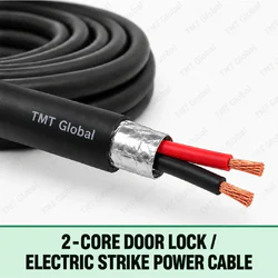 TMT Global 2-Core Door Lock / Electric Strike Power Cable, durable black power cable with exactly two thicker red and black insulated copper conductors, two clear tips.