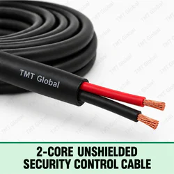 TMT Global 2-Core Unshielded Security Control Cable, slim black jacket with no shielding, exactly two insulated copper conductors, red and black, with two exposed tips.