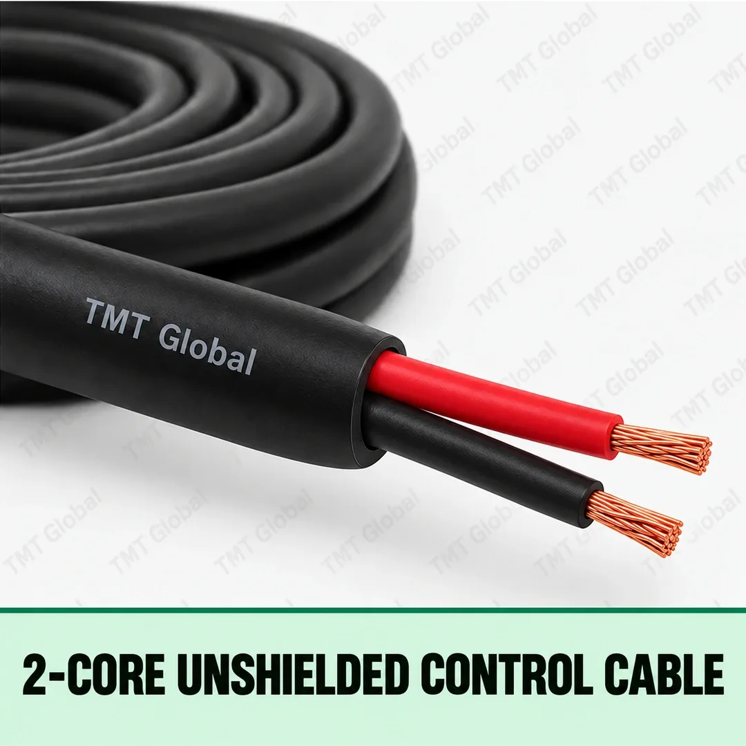 TMT Global 2-Core Unshielded Control Cable, black jacket, no foil or braid, exactly two insulated stranded copper conductors in red and black, two visible tips. TMT Global 2-Core Unshielded Control Cable, black jacket, no foil or braid, exactly two insulated stranded copper conductors in red and black, two visible tips.