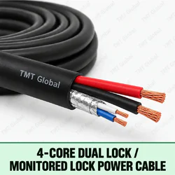 TMT Global 4-Core Dual Lock / Monitored Lock Power Cable, black outer jacket, exactly four copper cores: two heavier lock-power conductors and two smaller monitored-lock signal conductors, all individually insulated and visible, foil screening over the signal cores.