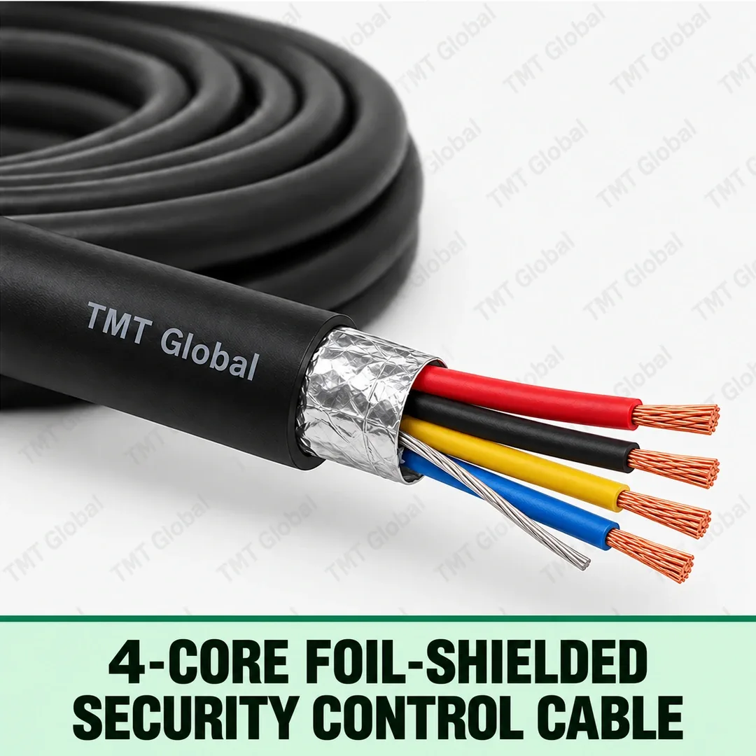 TMT Global 4-Core Foil-Shielded Security Control Cable, black outer jacket with foil screen and drain wire, exactly four colored insulated stranded copper conductors, four visible tips. TMT Global 4-Core Foil-Shielded Security Control Cable, black outer jacket with foil screen and drain wire, exactly four colored insulated stranded copper conductors, four visible tips.