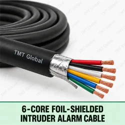TMT Global 6-Core Foil-Shielded Intruder Alarm Cable, black jacket, foil screen with drain wire beneath, exactly six distinct insulated stranded copper conductors and six visible tips.