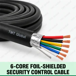 TMT Global 6-Core Foil-Shielded Security Control Cable, black jacket with aluminum foil screen and drain wire, exactly six individually insulated copper conductors, six distinct tips.