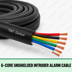 TMT Global 6-Core Unshielded Intruder Alarm Cable, black jacket, no foil or braid, exactly six distinct colored insulated stranded copper conductors and six visible tips.