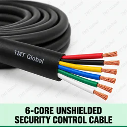 TMT Global 6-Core Unshielded Security Control Cable, black jacket, no foil and no braid, exactly six different colored insulated stranded copper conductors, six exposed tips.