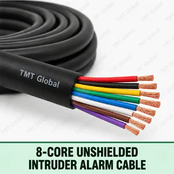 TMT Global 8-Core Unshielded Intruder Alarm Cable, black outer jacket, no foil or braid, exactly eight colored insulated stranded copper conductors, eight visible tips.