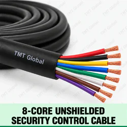 TMT Global 8-Core Unshielded Security Control Cable, black jacket without shielding, exactly eight separate colored insulated stranded copper cores, eight exposed tips.