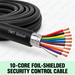 TMT Global 10-Core Foil-Shielded Security Control Cable, black outer jacket, foil screen and drain wire beneath it, exactly ten insulated color-coded copper cores, ten tips clearly visible.