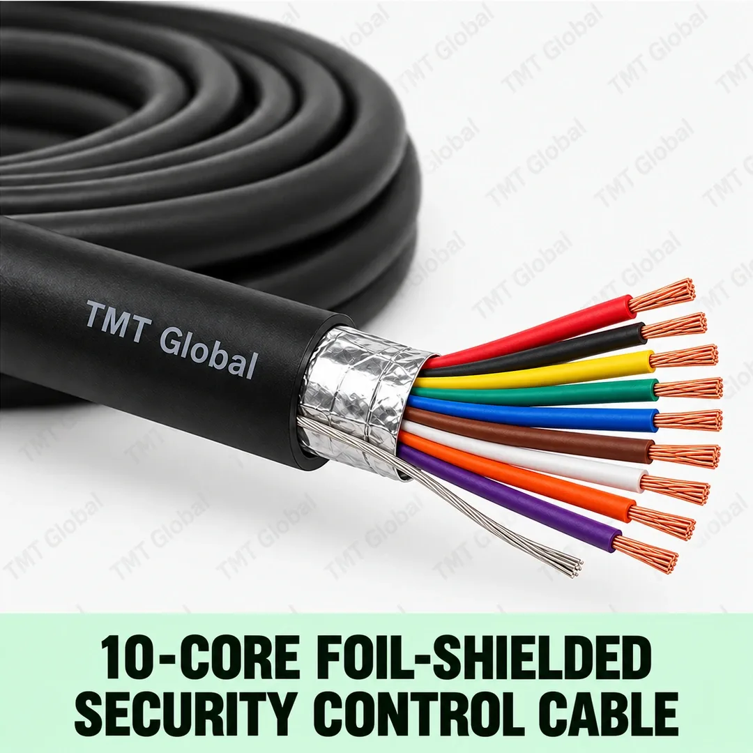 TMT Global 10-Core Foil-Shielded Security Control Cable, black outer jacket, foil screen and drain wire beneath it, exactly ten insulated color-coded copper cores, ten tips clearly visible. TMT Global 10-Core Foil-Shielded Security Control Cable, black outer jacket, foil screen and drain wire beneath it, exactly ten insulated color-coded copper cores, ten tips clearly visible.