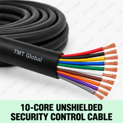 TMT Global 10-Core Unshielded Security Control Cable, black outer jacket without foil or braid, exactly ten insulated color-coded stranded copper conductors, ten distinct visible tips.