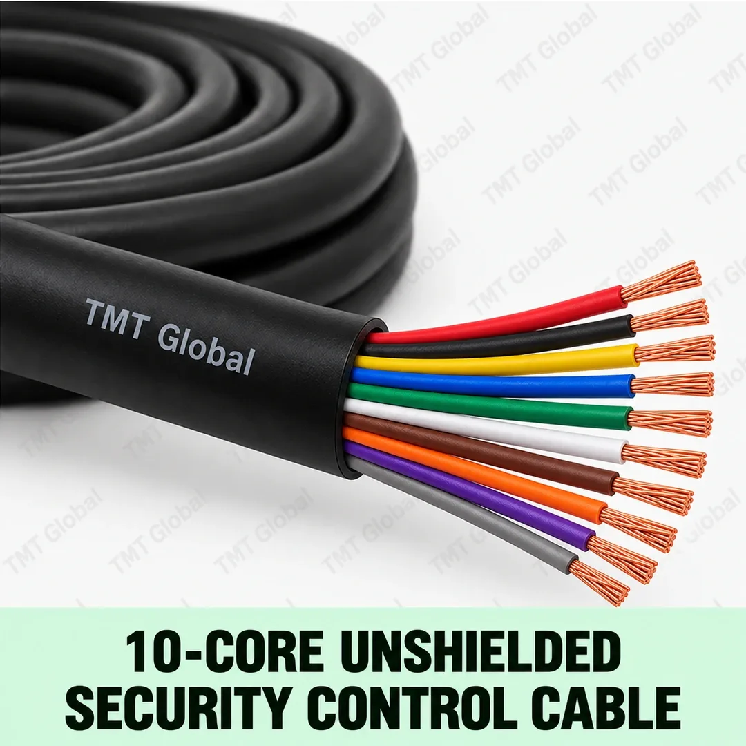 TMT Global 10-Core Unshielded Security Control Cable, black outer jacket without foil or braid, exactly ten insulated color-coded stranded copper conductors, ten distinct visible tips. TMT Global 10-Core Unshielded Security Control Cable, black outer jacket without foil or braid, exactly ten insulated color-coded stranded copper conductors, ten distinct visible tips.