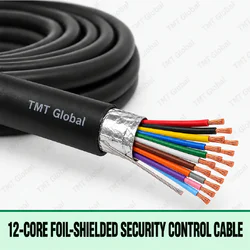 TMT Global 12-Core Foil-Shielded Security Control Cable, black jacket, foil wrap and drain wire, exactly twelve colored insulated stranded copper conductors with twelve individually visible copper tips.