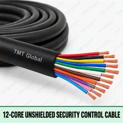 TMT Global 12-Core Unshielded Security Control Cable, black jacket, no foil or braid, exactly twelve individually insulated colored stranded copper conductors, twelve visible tips.