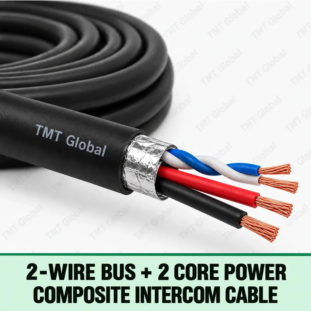 TMT Global 2-Wire Bus + 2 Core Power Composite Intercom Cable, with one twisted foil-shielded two-wire data pair plus two separate insulated power conductors and four copper tips. TMT Global 2-Wire Bus + 2 Core Power Composite Intercom Cable, with one twisted foil-shielded two-wire data pair plus two separate insulated power conductors and four copper tips.