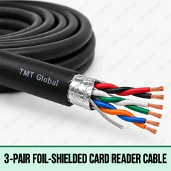 TMT Global 3-Pair Foil-Shielded Card Reader Cable, black outer jacket, foil wrap around three separately twisted color-coded pairs and drain wire, exactly six insulated copper conductors with six visible tips.